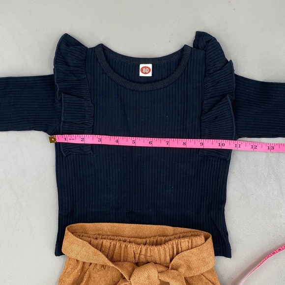 Black Ruffle Long Sleeve Top and Tan Corduroy Button Skirt Set Size 2 - Picture 10 of 11